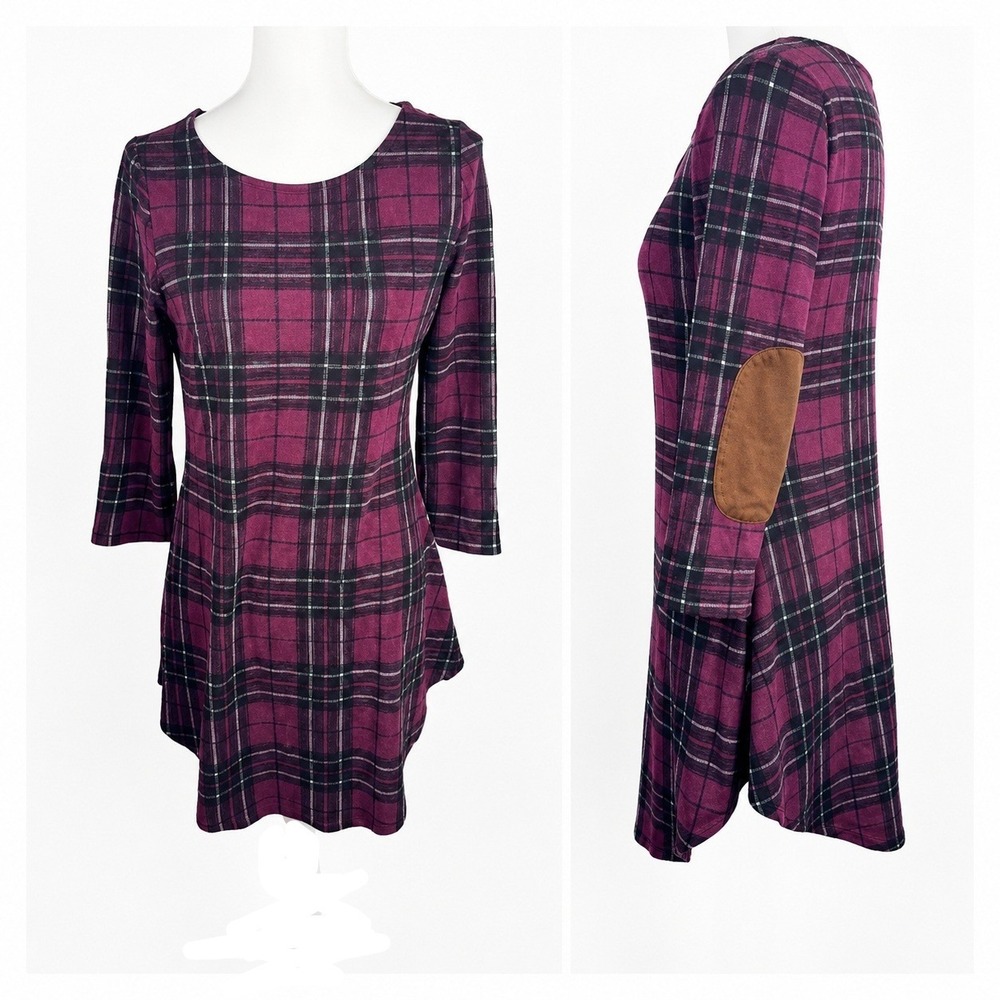Equestrian‎ Plaid Dress Tunic Top Windowpane Burgundy Elbow Patch Long Sleeve S